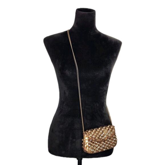 Betsey Johnson Gold Snake Print Leather Rhinestones Clutch Crossbody Bag - Picture 1 of 14